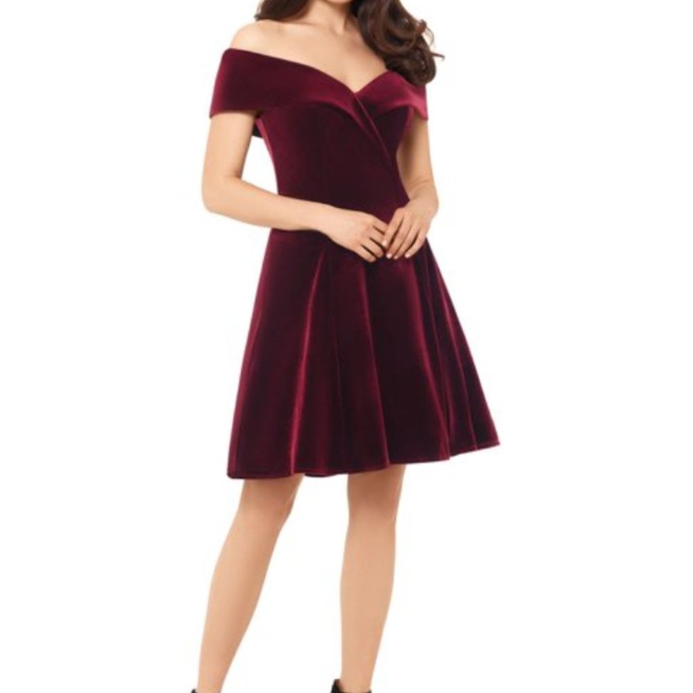 Xscape Burgundy Off the Shoulder Velvet Dress Size 2